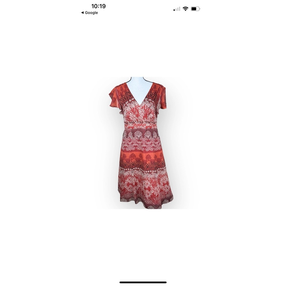 Coldwater Creek 100% Silk Midi Dress Pleated Top Tie Waist Red Boho Floral Print